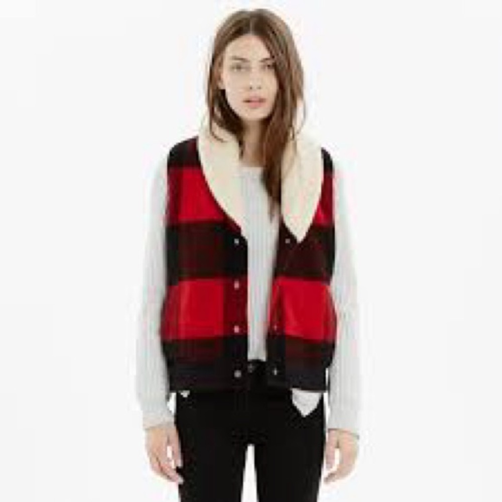 WOOLRICH original Giant Buffalo Check Plaid VEST Sherpa Shawl Collar